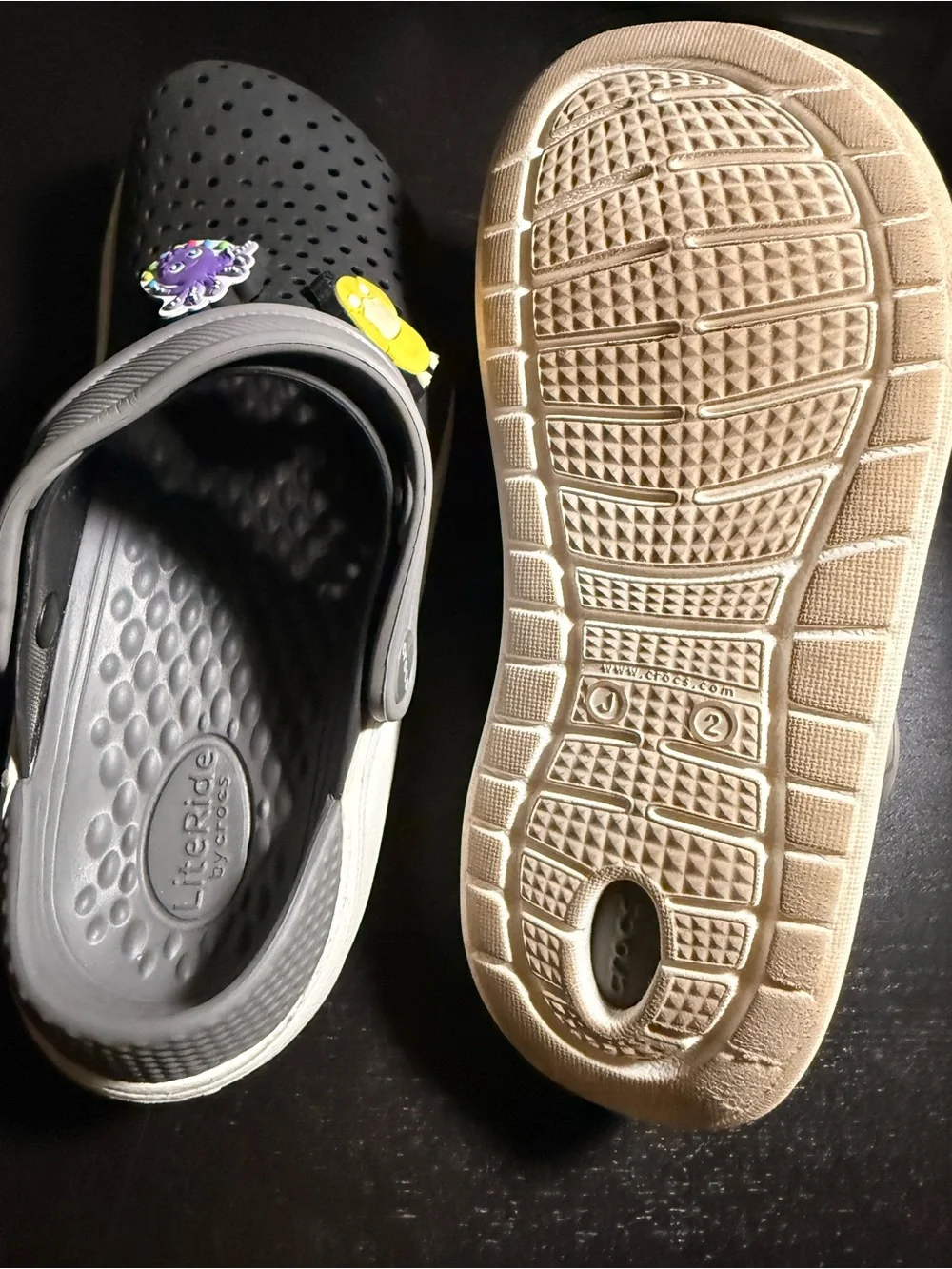 Crocs Clogs J2 Kids LiteRidw Black&Gray - Used - Great Condition .